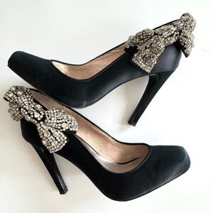 ABS Black Satin Jewel Bow Cocktail Evening Dressy Black Tie Dazzle Pump Size 6